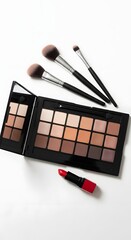 Flat lay: makeup palette, brushes, lipstick, minimalist style, clean white background, soft lighting.