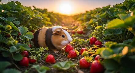Adorable guinea pig with brown black and white fur eating strawberries in a lush garden at sunset