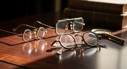 Vintage Eyewear Display on Wooden Desk, Still Life Photography, Warm Lighting, Elegant Environment