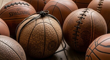 Variety of Basketballs in Sports Equipment Showcase, Indoor Gym, Close-Up View, Athletic Concept
