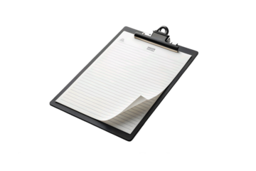 Clipboard with blank paper and a curled corner on transparent background