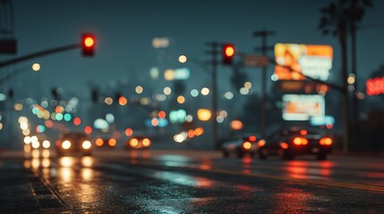 Nighttime city street with blurred lights, traffic signals, and reflections on wet road