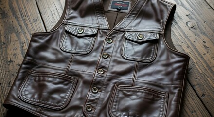 Stylish Action Shot of Brown Leather Vest on Rustic Wooden Surface, Fashion, Lifestyle, Textured Clothing, Close-Up View