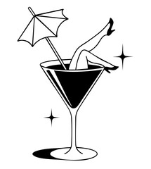 Sexy female long legs in high heels inside martini cocktail glass with umbrella, playful burlesque cabaret show party art