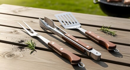 Grilling Tools Action Shot, BBQ Essentials, Backyard, Photography, Sunny Day, Close-Up, Outdoor Cooking Concepts