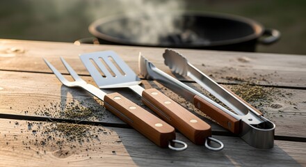 Grilling Tools on Wooden Table, Backyard, Food Preparation, Natural Light, Close-up View, Culinary Experience