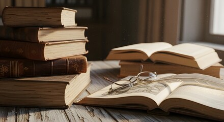 Open Books and Glasses on a Rustic Table in a Cozy Reading Nook
