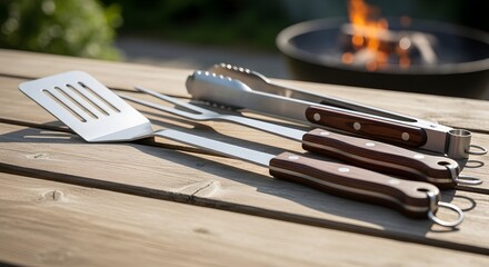 Barbecue Tools Displayed on Wooden Table, Outdoor Cooking Environment, Close-Up View of Kitchen Accessories