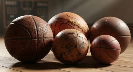 Various Sized Balls on Court, Sports Environment, Close-Up View, Athletic Concept