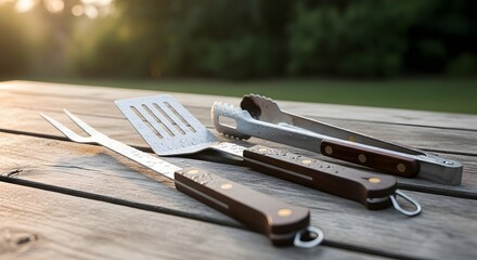Grill Utensils on Wooden Table in Nature Setting, Capture of BBQ Essentials at Sunset