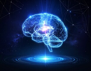 Futuristic holographic brain made of digital lines floating in space.