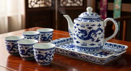 Traditional Tea Ceremony, Teapot and Cups, Home Setting, Photography, Peaceful Environment, Close-Up View, Cultural Experience
