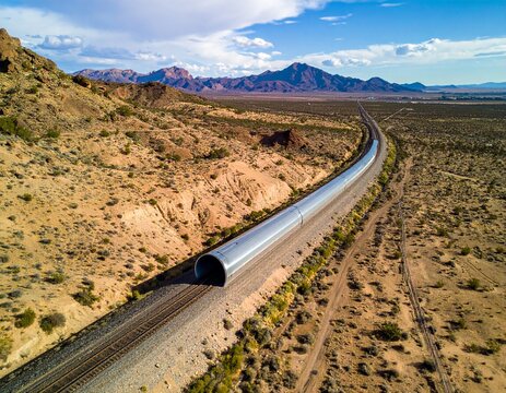 Aerial drone shot of hyperloop tunnel cutting across desert landscape.