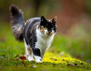 A calico cat strolls through a mossy forest