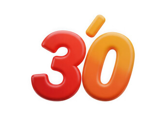 3d icon of red and orange 30 number isolated on transparent background