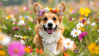 Happy dog in a flower field