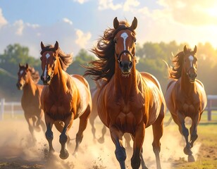 Majestic Horses Galloping Under Golden Sunlight