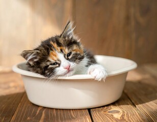 A calico kitten rests in a bowl