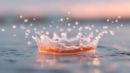 Macro Shot of Water Crown Splashing with Water Droplets Against Soft Pastel Background