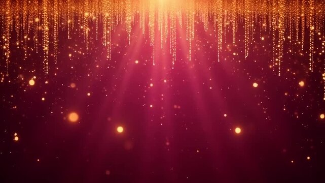 Elegant golden particles shimmer and cascade down with soft light beams on a vibrant ruby red background creating a luxurious celebratory atmosphere