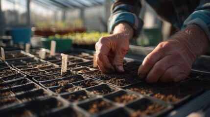 Close-up of gardener's hands planting seeds in seed trays inside a greenhouse with sunlight streaming through glass panels