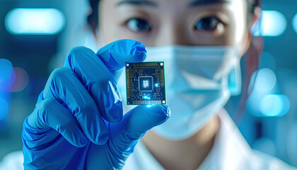 Technician Holding Electronic Component: An Asian female technician, meticulously examining a microchip held between her gloved fingers within a state-of-the-art laboratory environment.