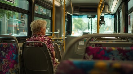 Elderly woman sitting on a city bus looking out the window during daytime, public transportation, daily commute, senior passenger, urban travel scene