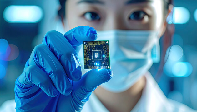 Technician Holding Electronic Component: An Asian female technician, meticulously examining a microchip held between her gloved fingers within a state-of-the-art laboratory environment.