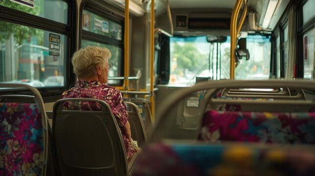 Elderly woman sitting on a city bus looking out the window during daytime, public transportation, daily commute, senior passenger, urban travel scene - Powered by Adobe