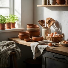 Rustic farmhouse kitchen: clay bowls, wooden spoons, fresh eggs, natural textures, morning light.