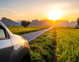 A car parked on a country road at sunset over a rice paddy