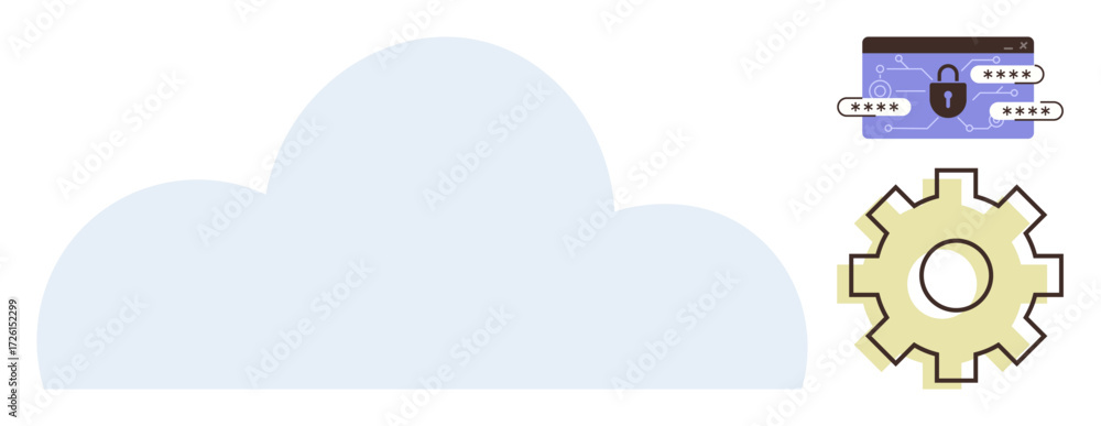 Poster cloud with digital security card and gear symbolizes data protection, cloud computing, and process c