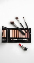Flat lay: makeup palette, brushes, lipstick, minimalist style, clean white background, soft lighting.