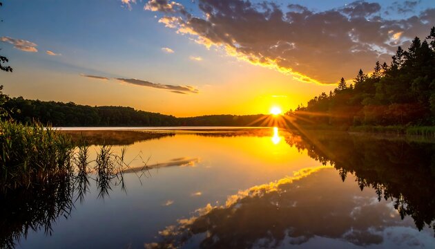 Serene sunset mirrored in calm lake water