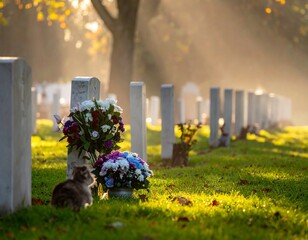 A cat sits by grave flowers in a sunlit cemetery
