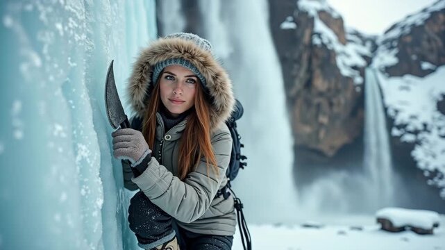 Woman in a fur-trimmed hooded jacket holding an ice axe in snow