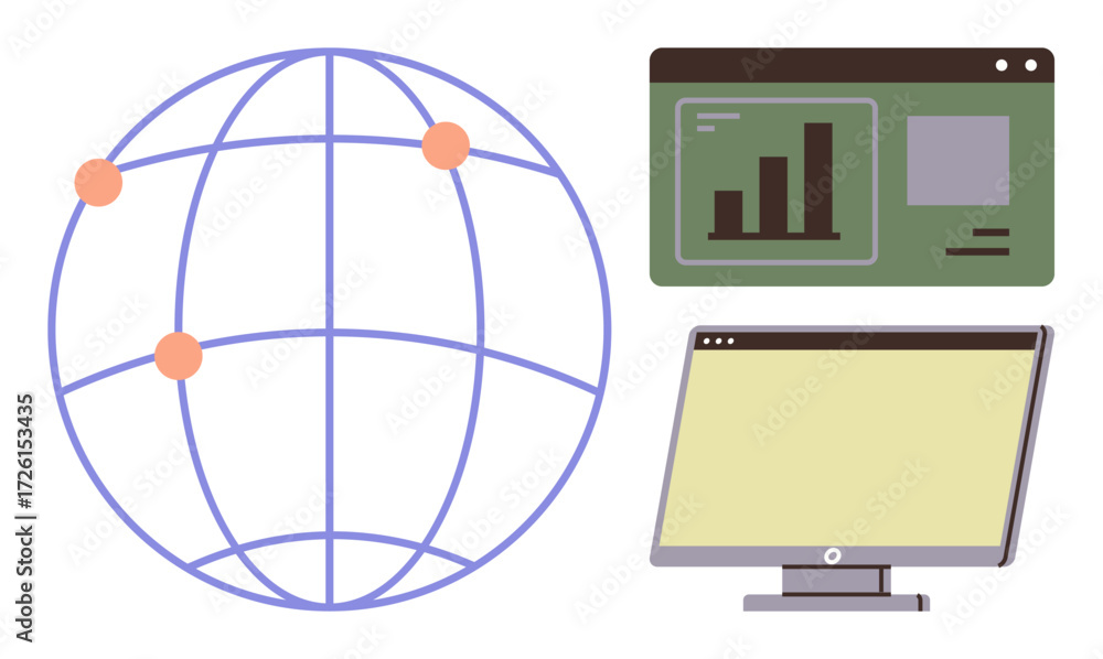 Aufkleber globe with connected points, data chart interface, and computer screen. ideal for technology, networ