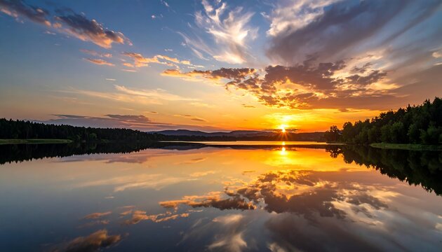 Serene sunset mirrored in calm lake waters