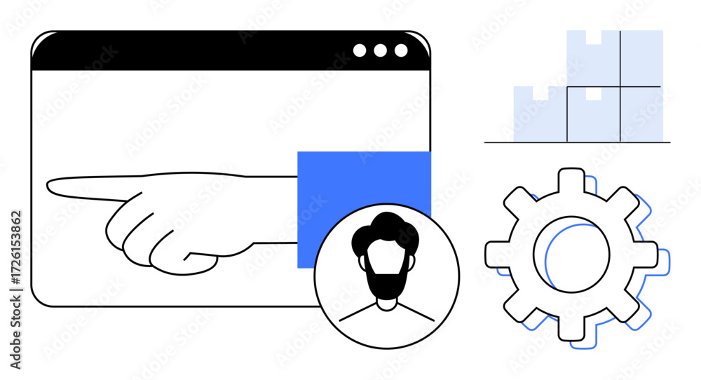 Aufkleber hand pointing at browser window, user profile icon, gear, and blocks representing teamwork, decision