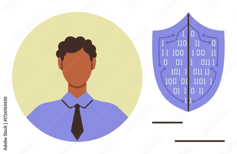 Poster man in formal attire beside binary code-printed shield representing data protection, digital securit