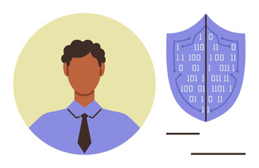 Man in formal attire beside binary code-printed shield representing data protection, digital security, personal privacy. Ideal for cybersecurity, technology, privacy, identity protection, IT
