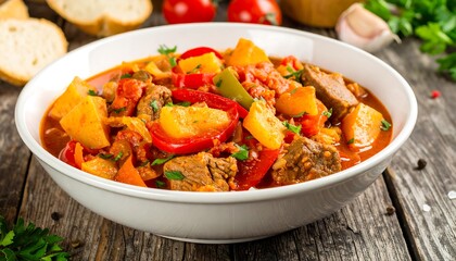 Hearty stew with tender meat and colorful vegetables, served in a white bowl