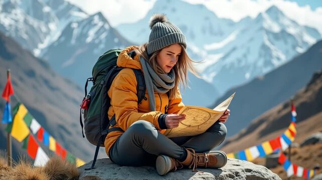 Female hiker wearing yellow jacket reading map in snowy mountains