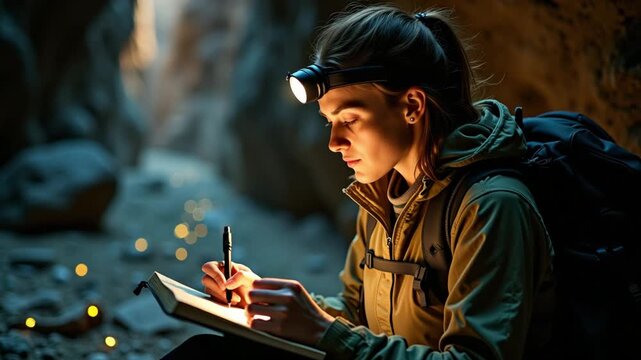 Female explorer writing notes with headlamp at night