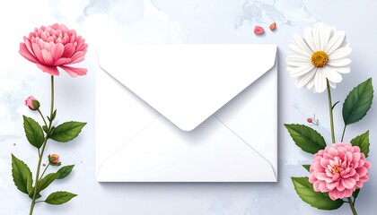 Envelope on marble backdrop with pink peony and white daisy, botanical flat lay