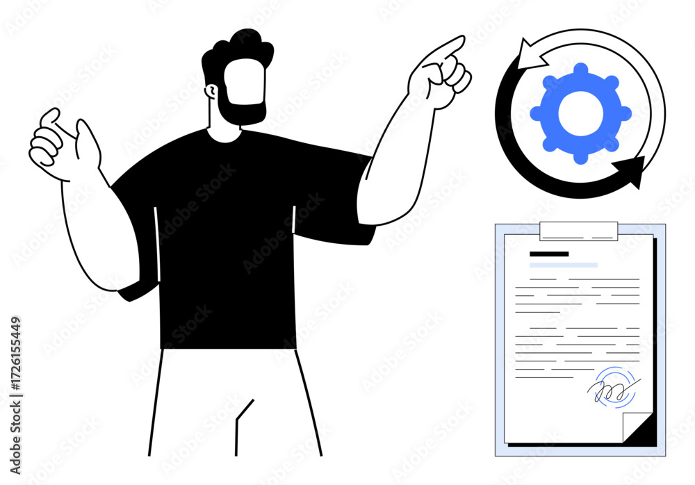 Aufkleber man pointing at cogwheel symbolizing process cycle, next to a clipboard with a document. ideal for w