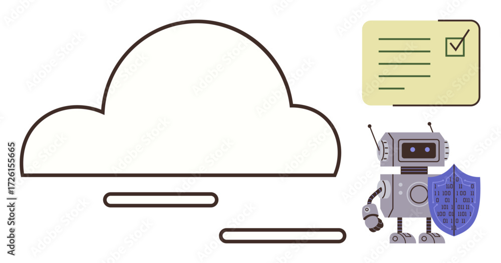 Poster minimalistic cloud shape, robot holding shield, and checklist highlight secure data storage, ai inte