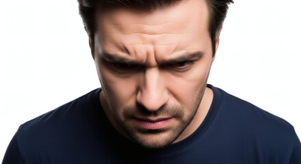 Fototapeta premium Man with furrowed brow looking down in a navy blue shirt on white back