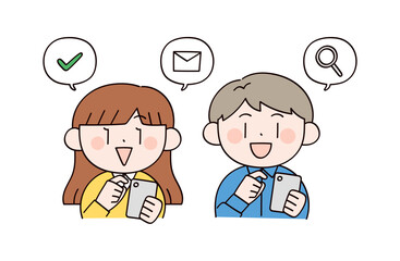 スマホを操作する男女2人のイラスト