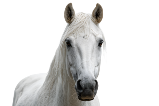 Majestic white horse with flowing mane and intelligent eyes gazes forward with serene power